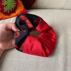 Upcycled 100% Silk Scrunchie Medium Sized 6 Inch Black Red Flower